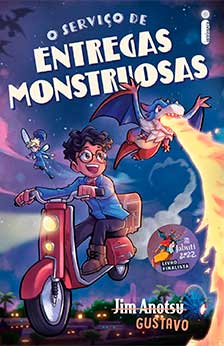 : A imagem mostra a capa do livro, que é composta pelo desenho de um menino voando em uma moto durante a noite