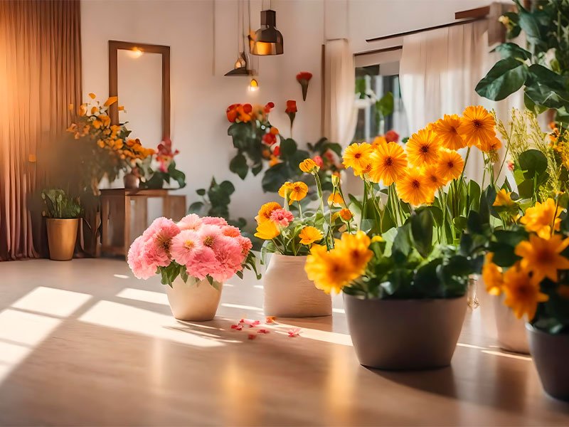 A imagem é de um interior de uma casa, nota-se um espelho e algumas lâmpadas, com destaque ao chão de madeira e às paredes brancas. No entanto, o destaque das imagens fica por conta das flores, que são várias, em diferentes cores.