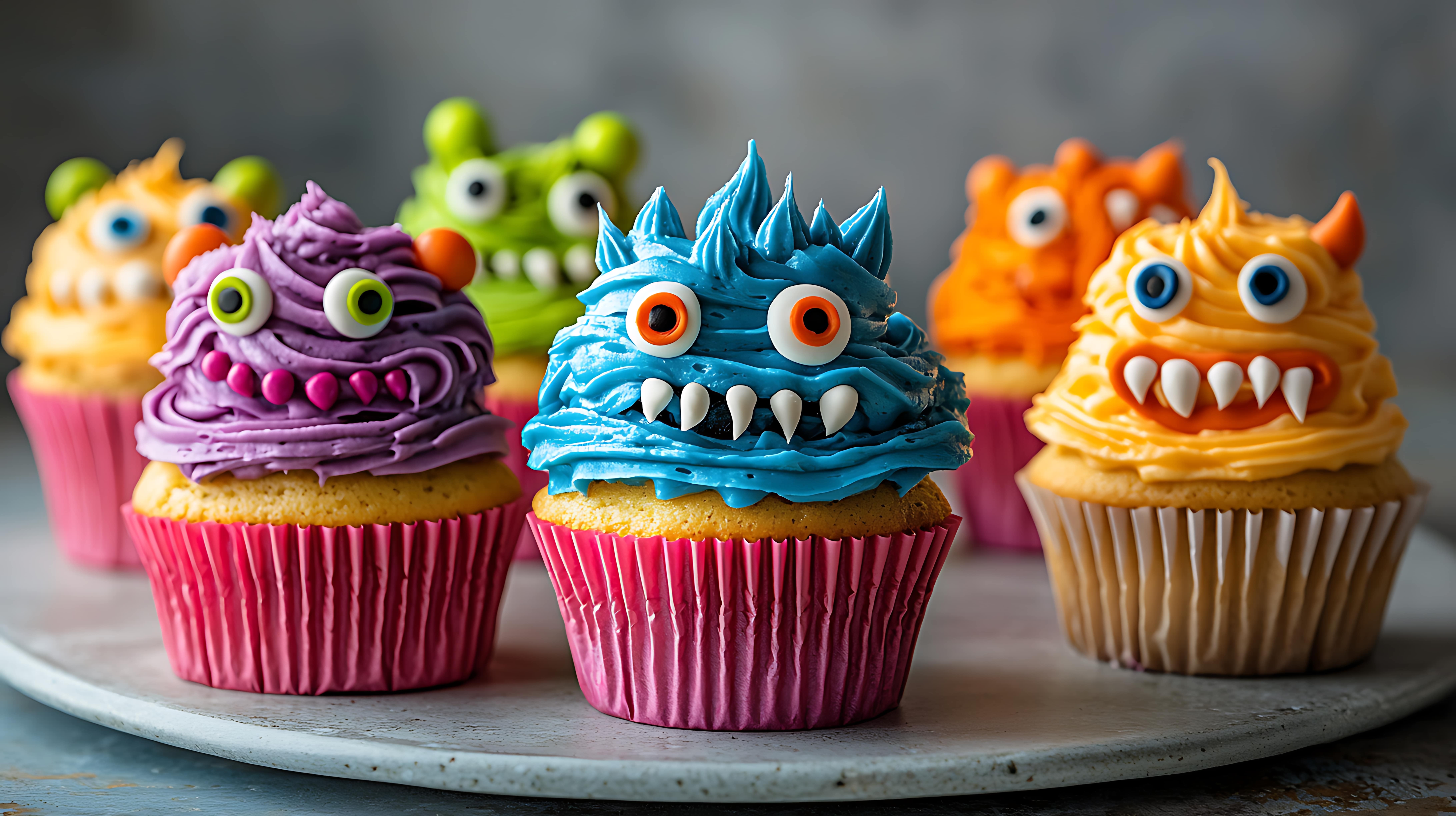 Cupcakes de chocolate decorados como monstros coloridos e divertidos, ideais para festas infantis.