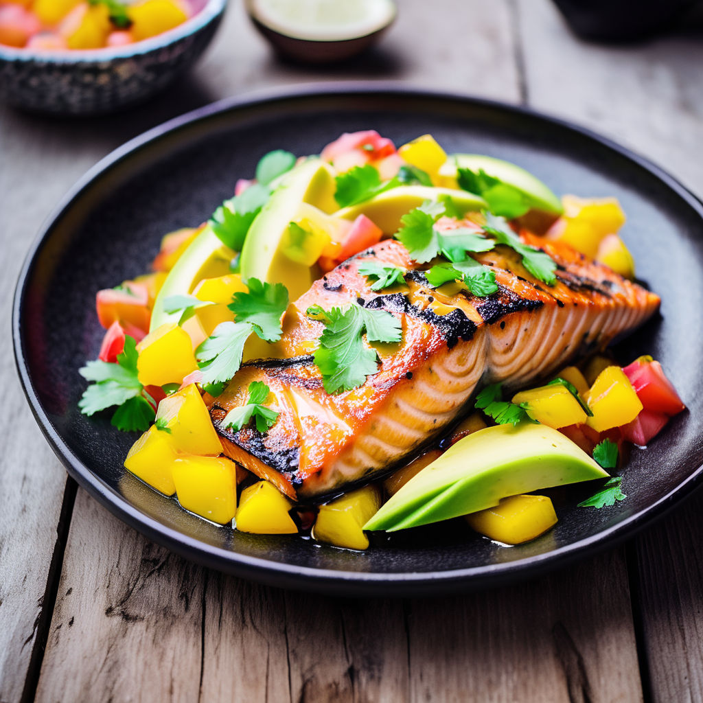 Filé de salmão grelhado servido com salada de manga, rúcula e cebola roxa