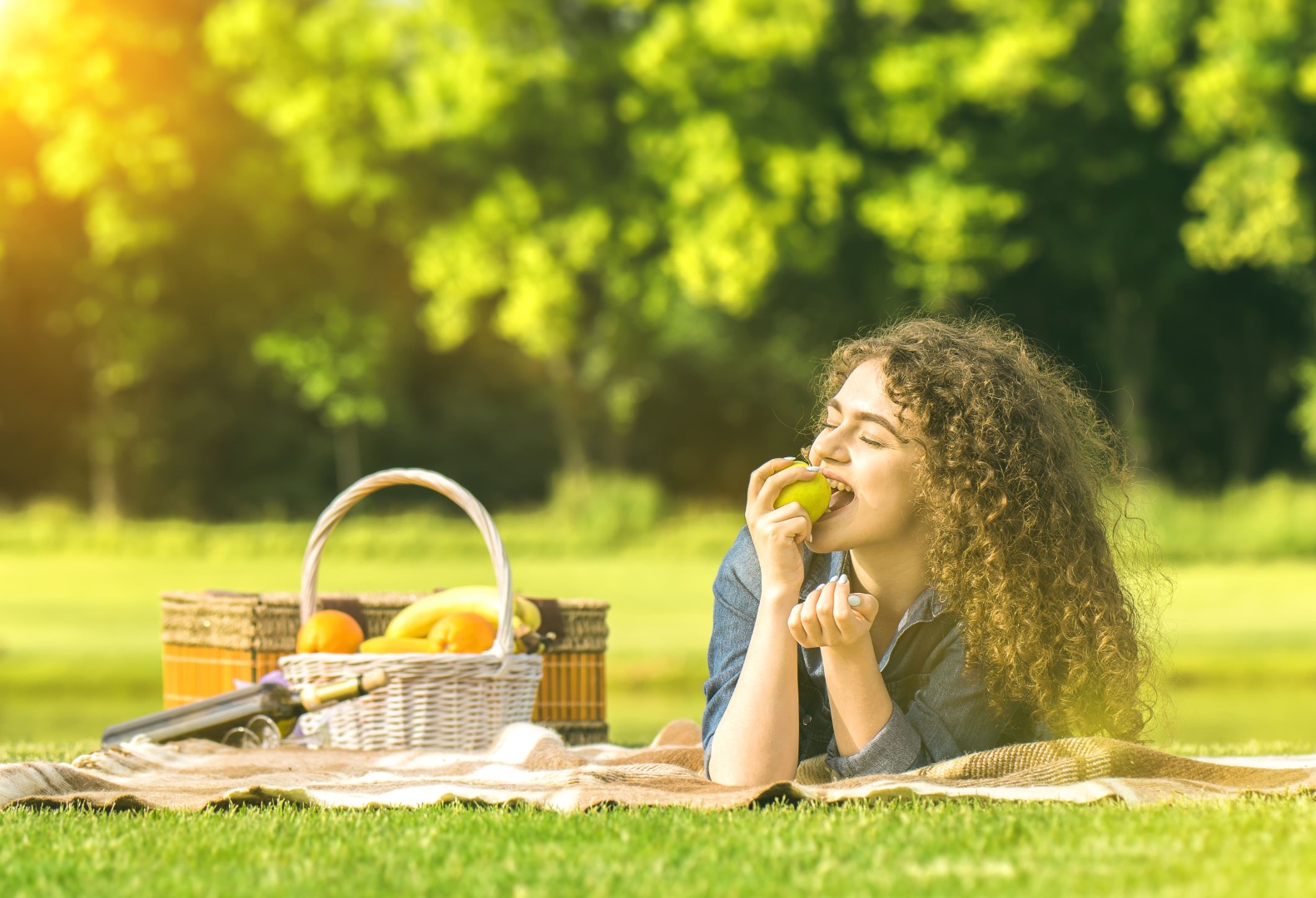 Cesta de piquenique com frutas, sanduíches e bebidas em um parque ao ar livre