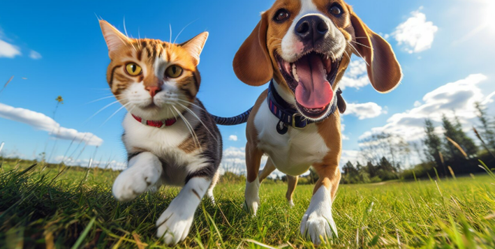 Cão e gato correndo em gramado após se alimentarem em casa com rações e alimentos próprios para pets