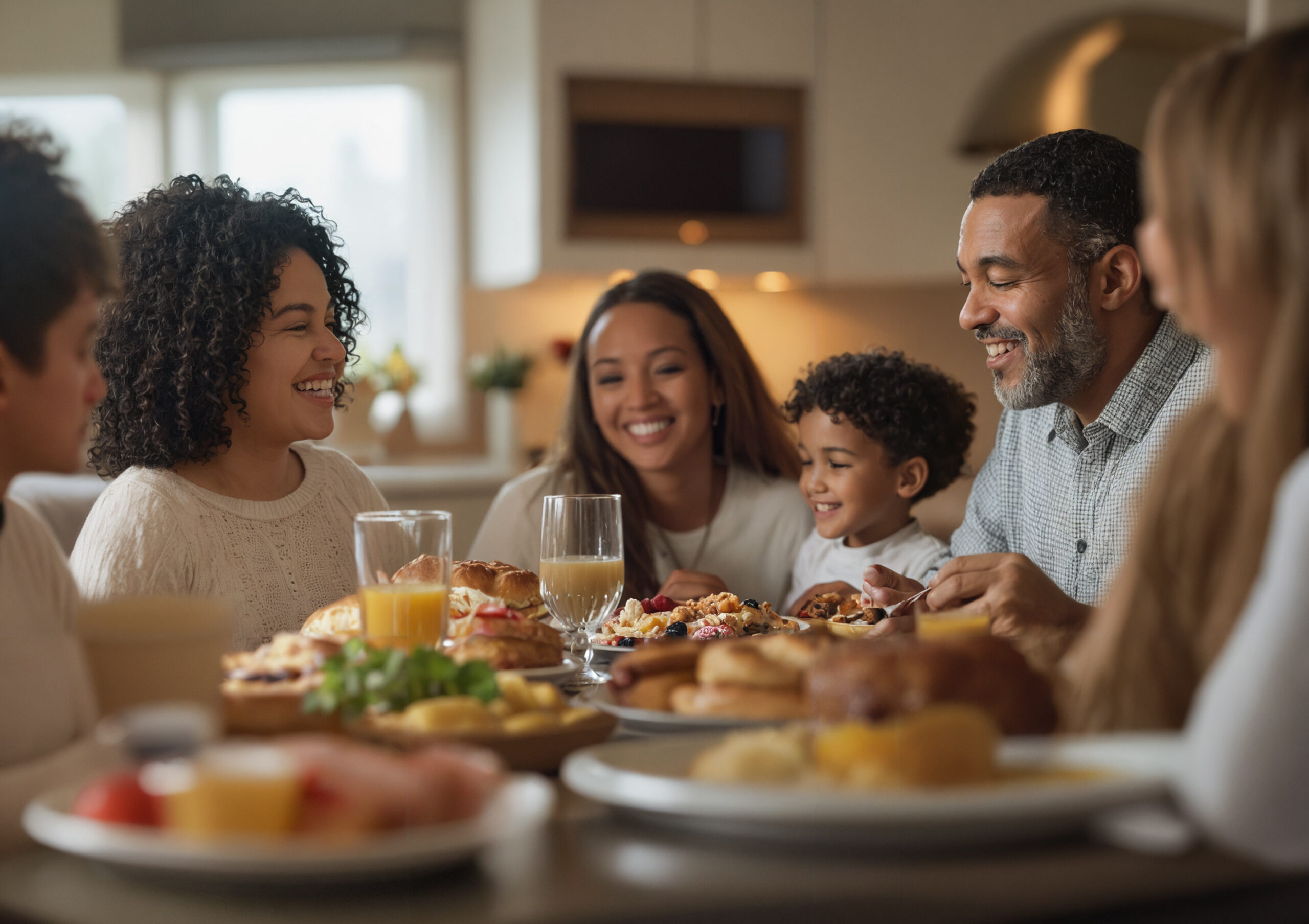 Família feliz reunida ao redor de uma mesa farta com diversos tipos de alimentos frescos e pratos variados, representando a diversidade de produtos do Andreazza.