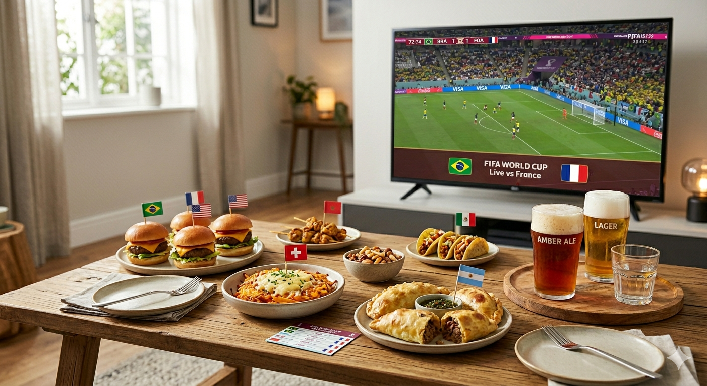 Mesa posta com diversos petiscos inspirados em países da Copa do Mundo, como queijos, carnes, pães, batatas, molhos e castanhas, ao lado de uma televisão com jogo de futebol.