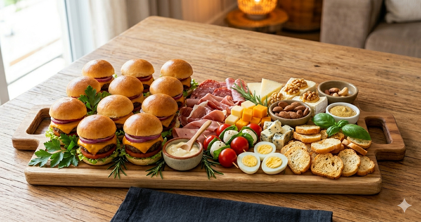 Tábua com mini-hambúrgueres e frios montada com sanduíches, queijos, salame, ovos de codorna, castanhas e torradinhas, pronta para servir.