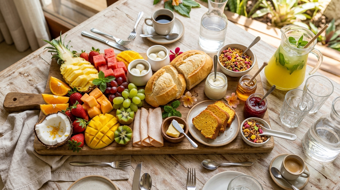 Tábua de café da manhã tropical com frutas cortadas, pão francês, frios, bolo de laranja, granola, mel, geleia e suco de abacaxi com hortelã.