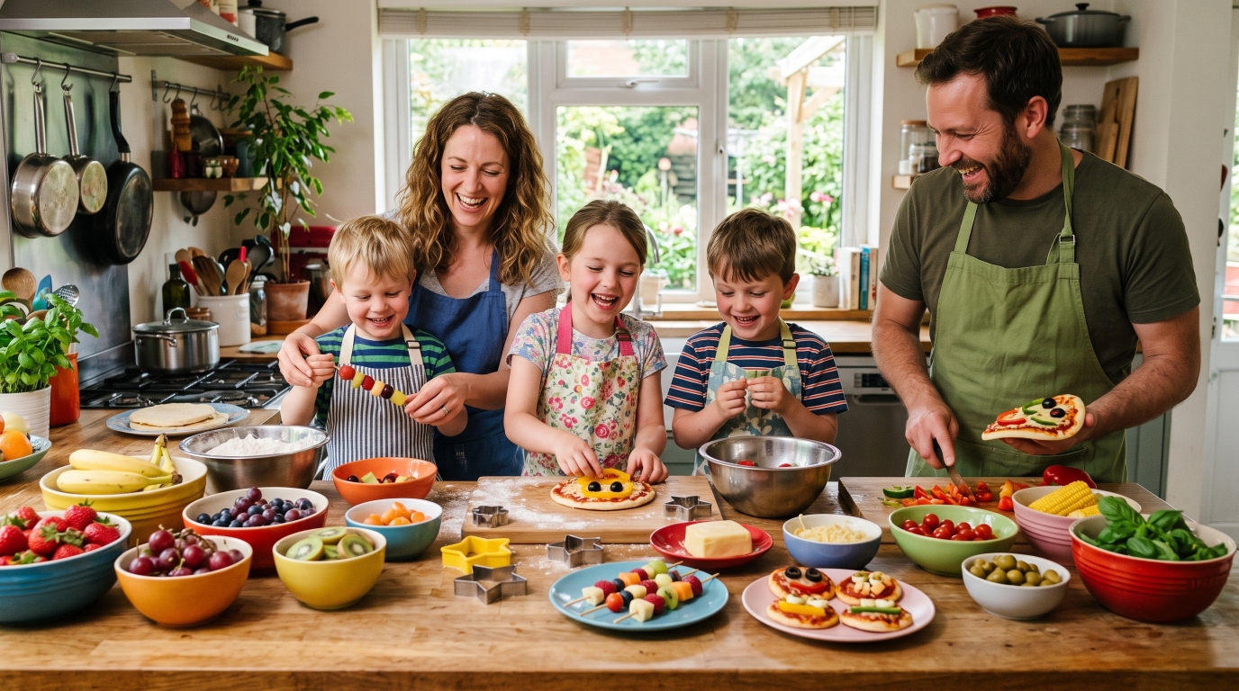 Crianças felizes na cozinha preparando lanches divertidos com a família, rodeadas de ingredientes frescos e coloridos.