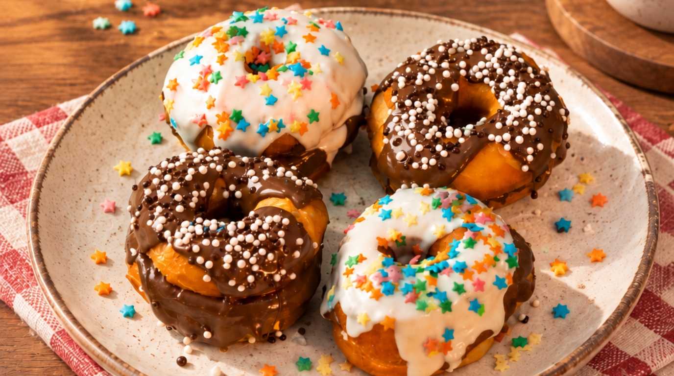 Donuts fofinhos e coloridos com cobertura de chocolate branco e preto, decorados com muitos confetes coloridos por cima, prontos para o lanche.